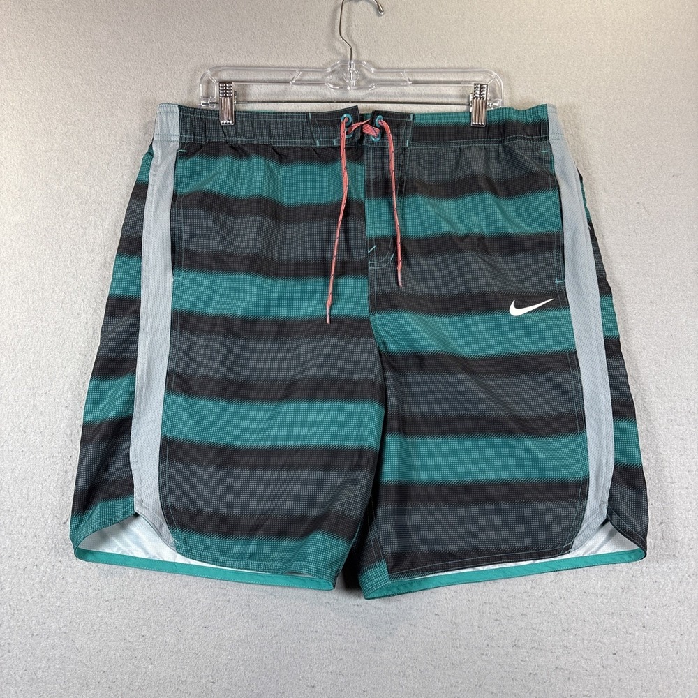 Nike Men Swim Trunks Teal/Black Striped Board Shorts Mesh Lined Pockets Medium